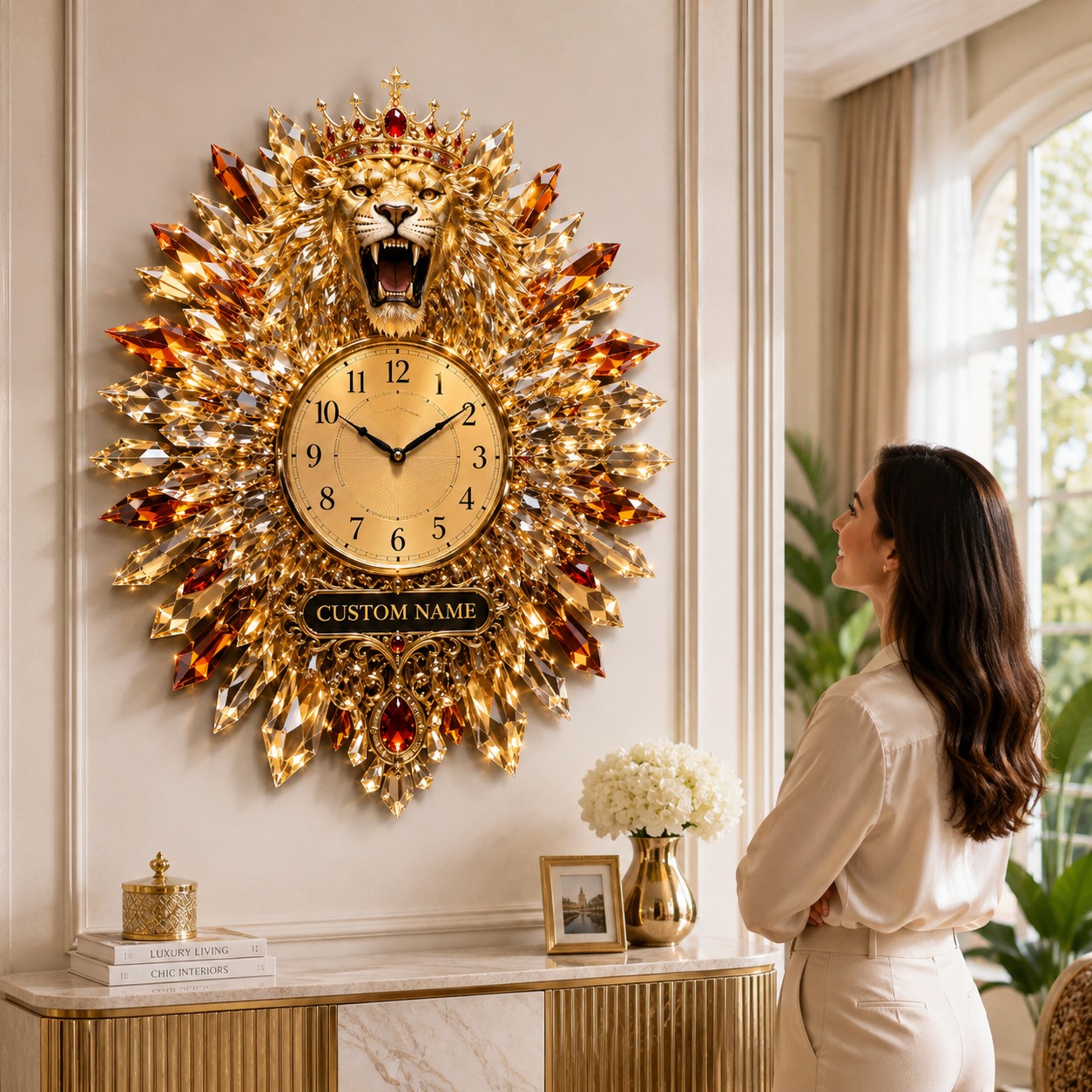 Personalized Crystal Lion Wall Clock with Custom Name — personalized with a custom name
