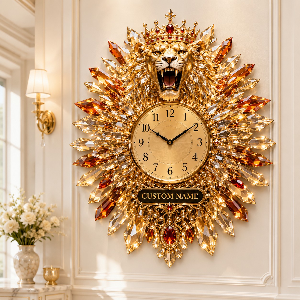 Personalized Crystal Lion Wall Clock with Custom Name — personalized with a custom name