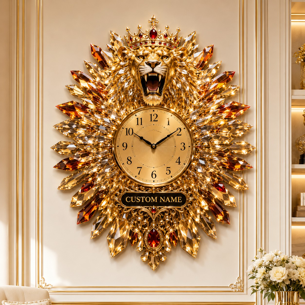 Personalized Crystal Lion Wall Clock with Custom Name — personalized with a custom name