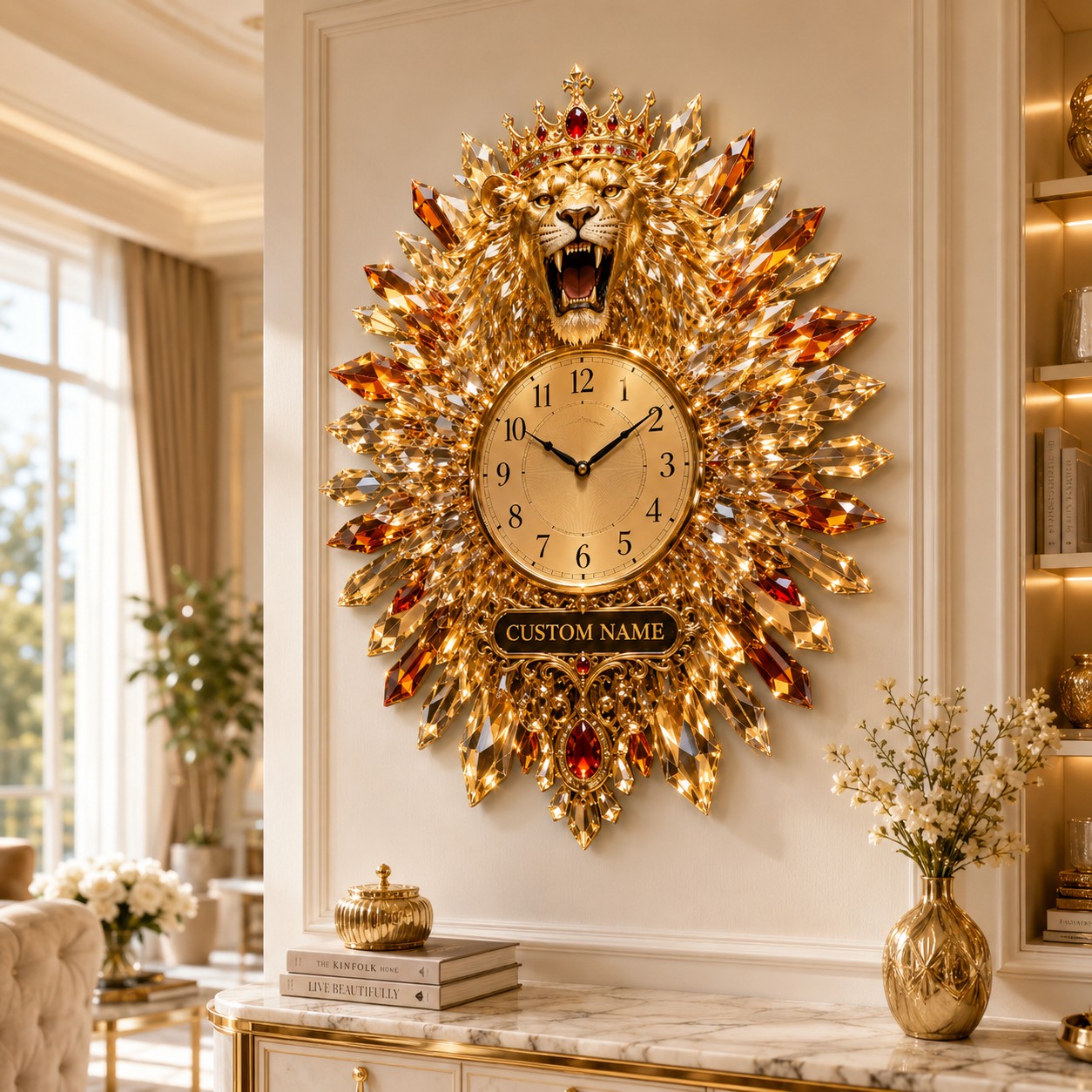 Personalized Crystal Lion Wall Clock with Custom Name — personalized with a custom name