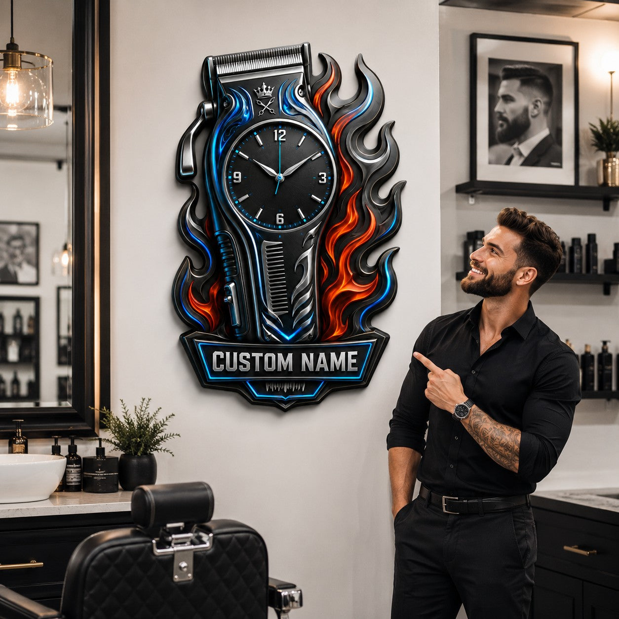 Personalized Barber Clipper Wall Clock, Custom Name Gift for Barbers — personalized with a custom name