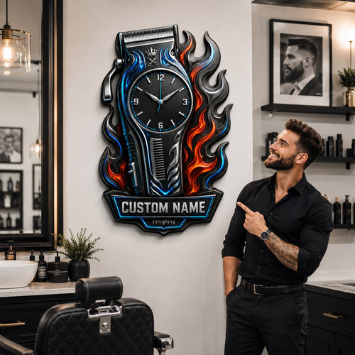 Personalized Barber Clipper Wall Clock, Custom Name Gift for Barbers — personalized with a custom name