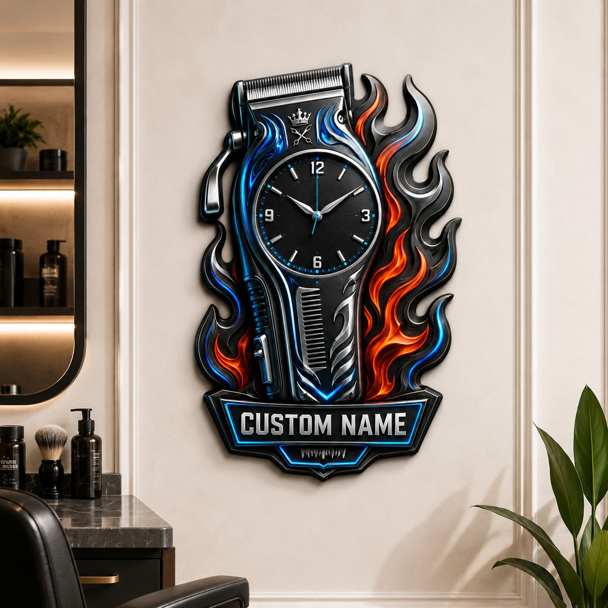 Personalized Barber Clipper Wall Clock, Custom Name Gift for Barbers — personalized with a custom name