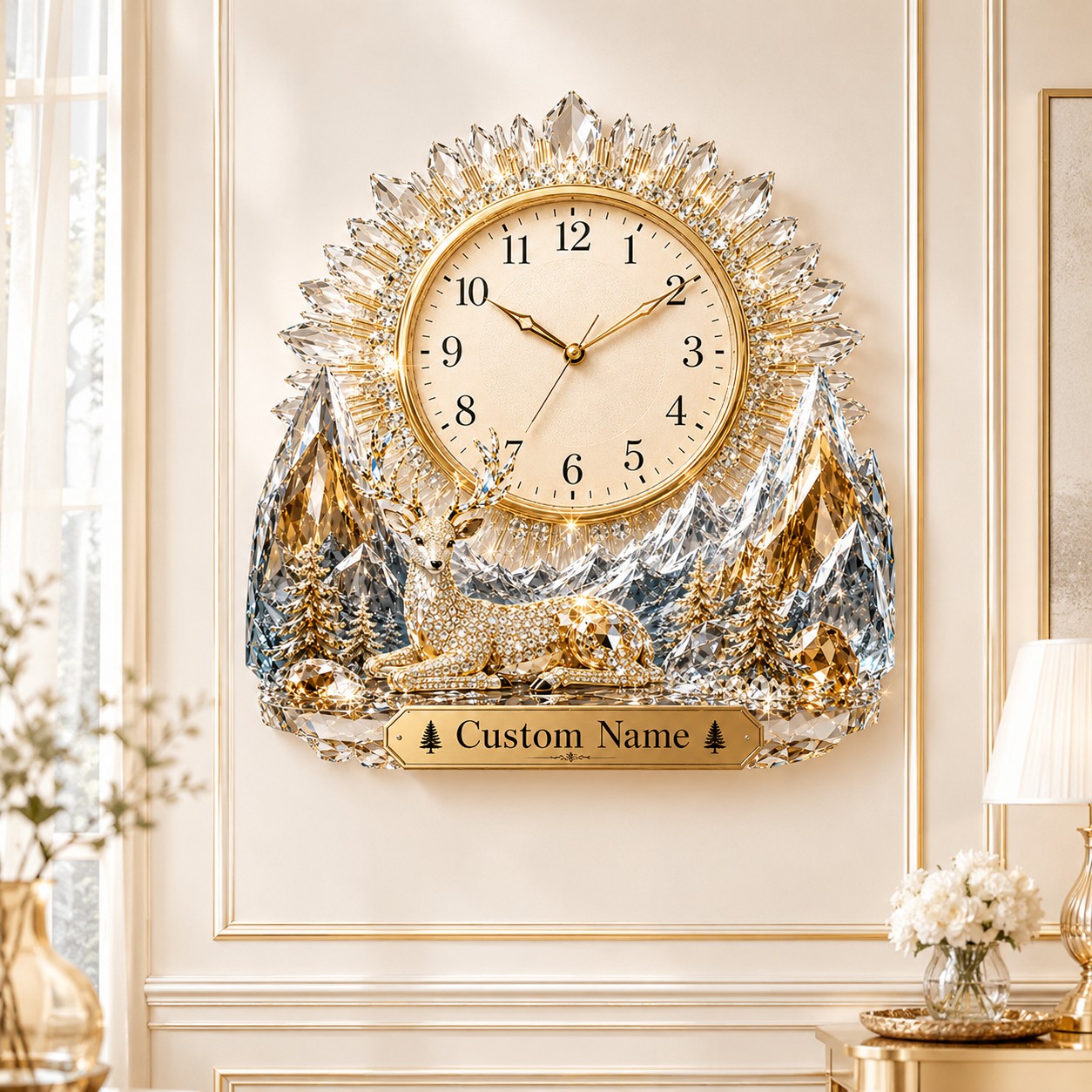 Personalized Deer Wall Clock with Custom Name (Design 2) — personalized with a custom name