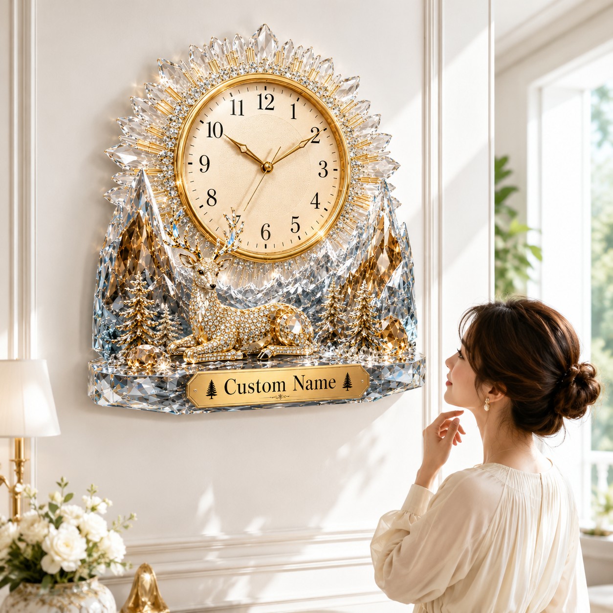 Personalized Deer Wall Clock with Custom Name (Design 2) — personalized with a custom name