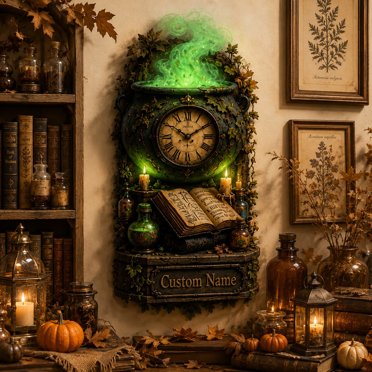 Personalized Witch Cauldron Wall Clock with Custom Name — personalized with a custom name