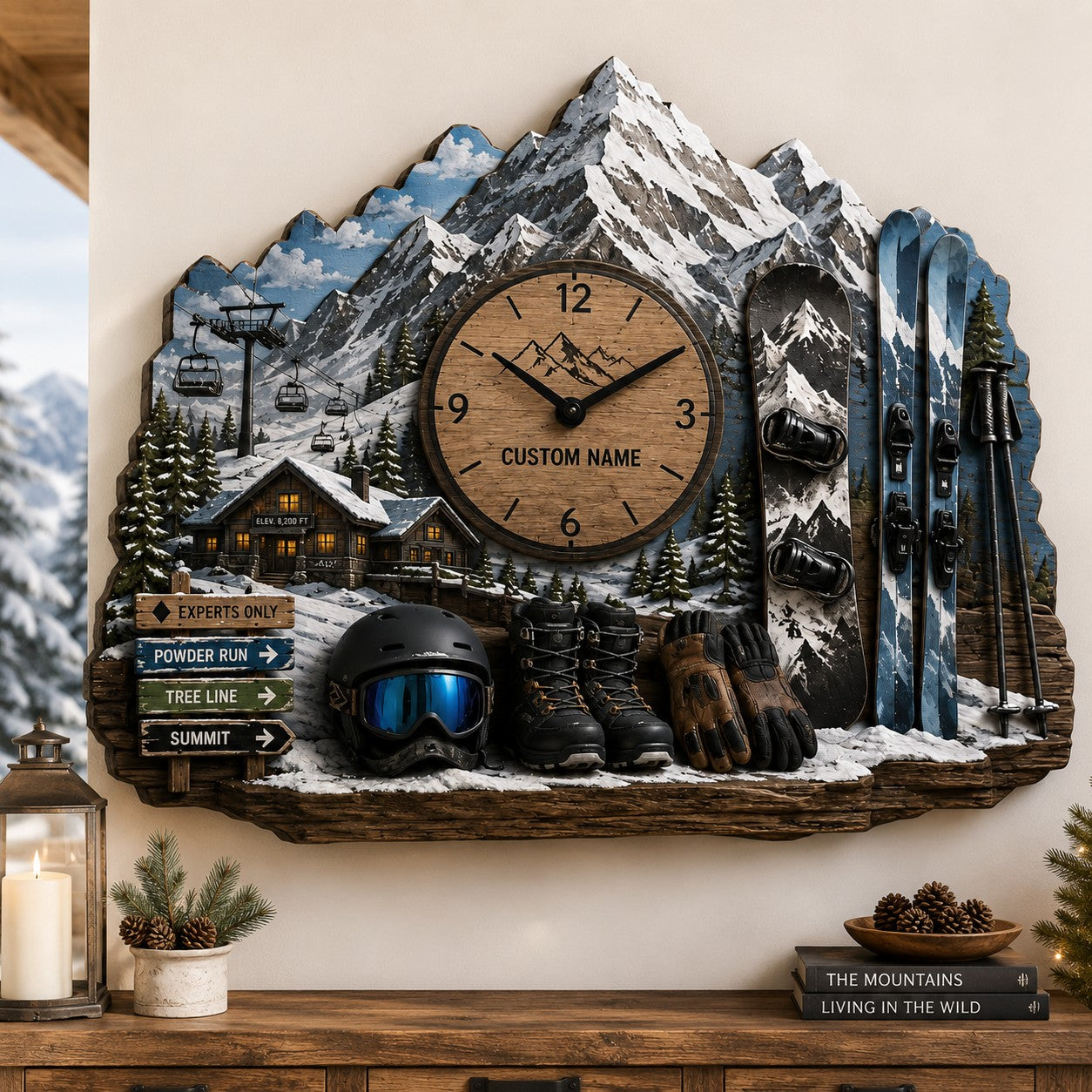 Personalized Mountain Cabin Owners Wall Clock with Custom Name — personalized with a custom name