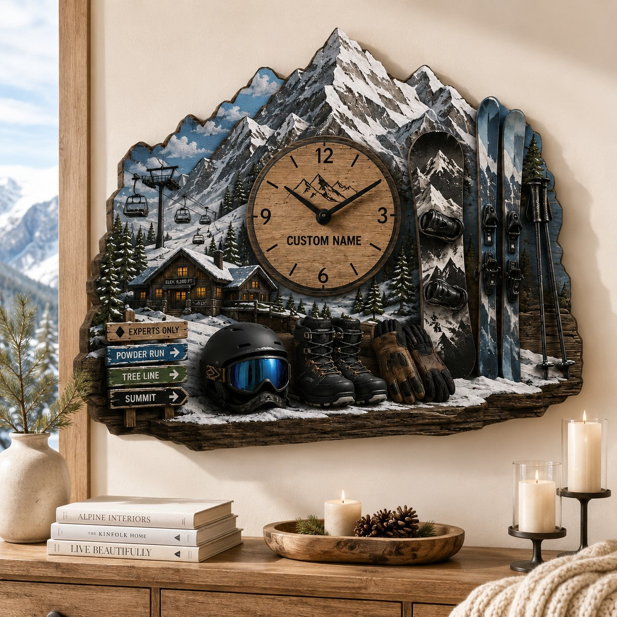 Personalized Mountain Cabin Owners Wall Clock with Custom Name — personalized with a custom name