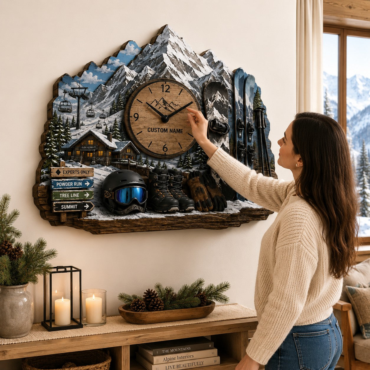 Personalized Mountain Cabin Owners Wall Clock with Custom Name — personalized with a custom name