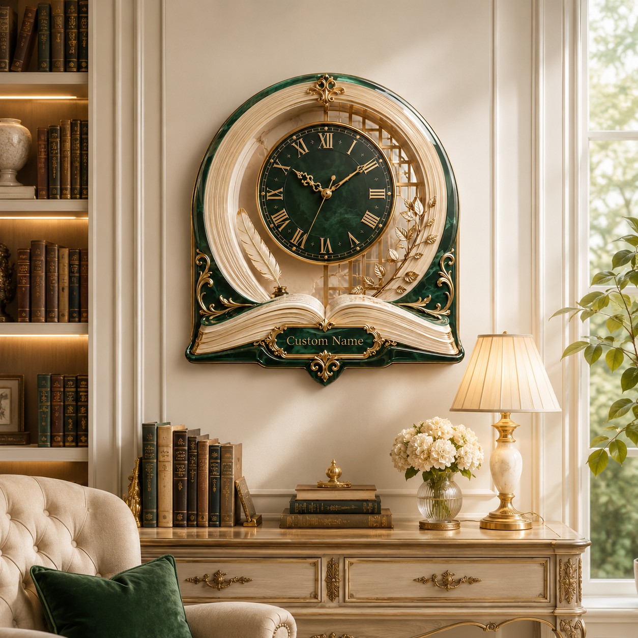 Personalized Emerald Library Book Wall Clock with Custom Name — personalized with a custom name