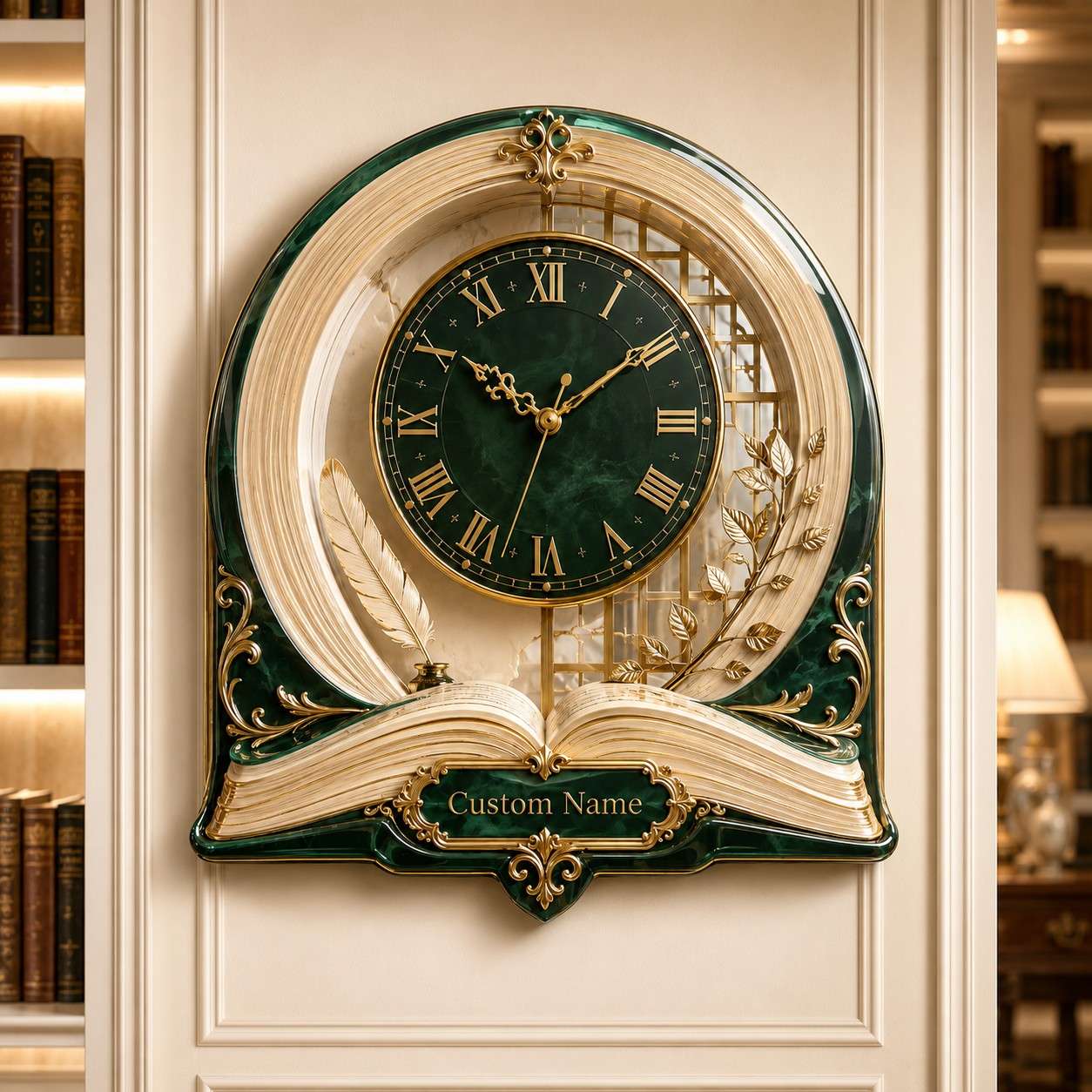 Personalized Emerald Library Book Wall Clock with Custom Name — personalized with a custom name