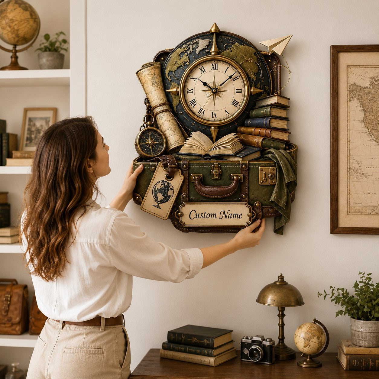 Personalized Travel Book Lover Wall Clock with Custom Name — personalized with a custom name