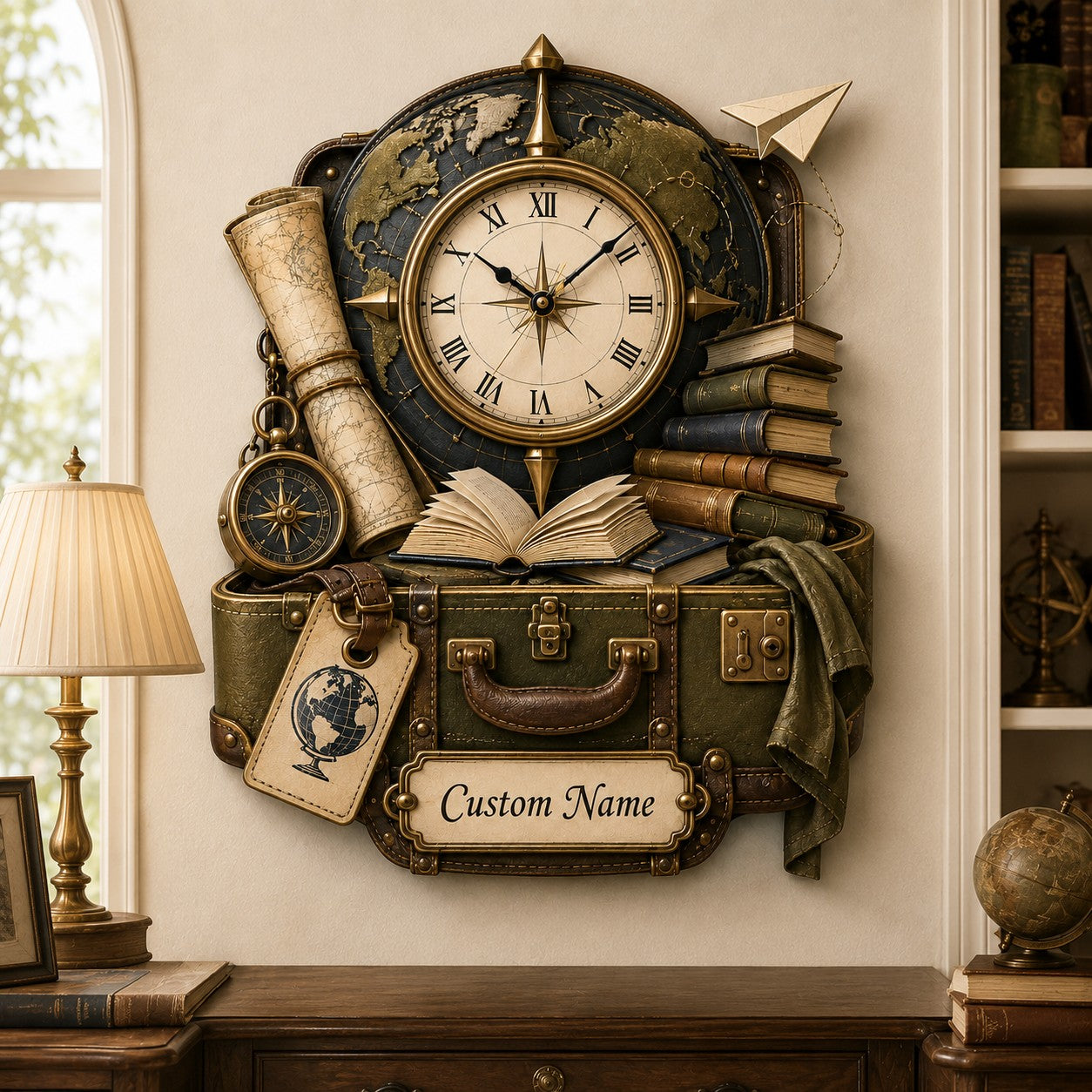 Personalized Travel Book Lover Wall Clock with Custom Name — personalized with a custom name