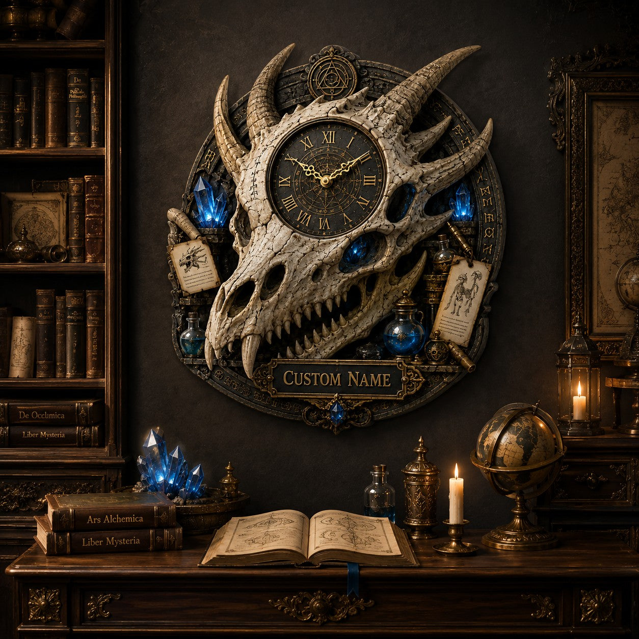 Personalized Dragon Skull Wall Clock with Custom Name — personalized with a custom name