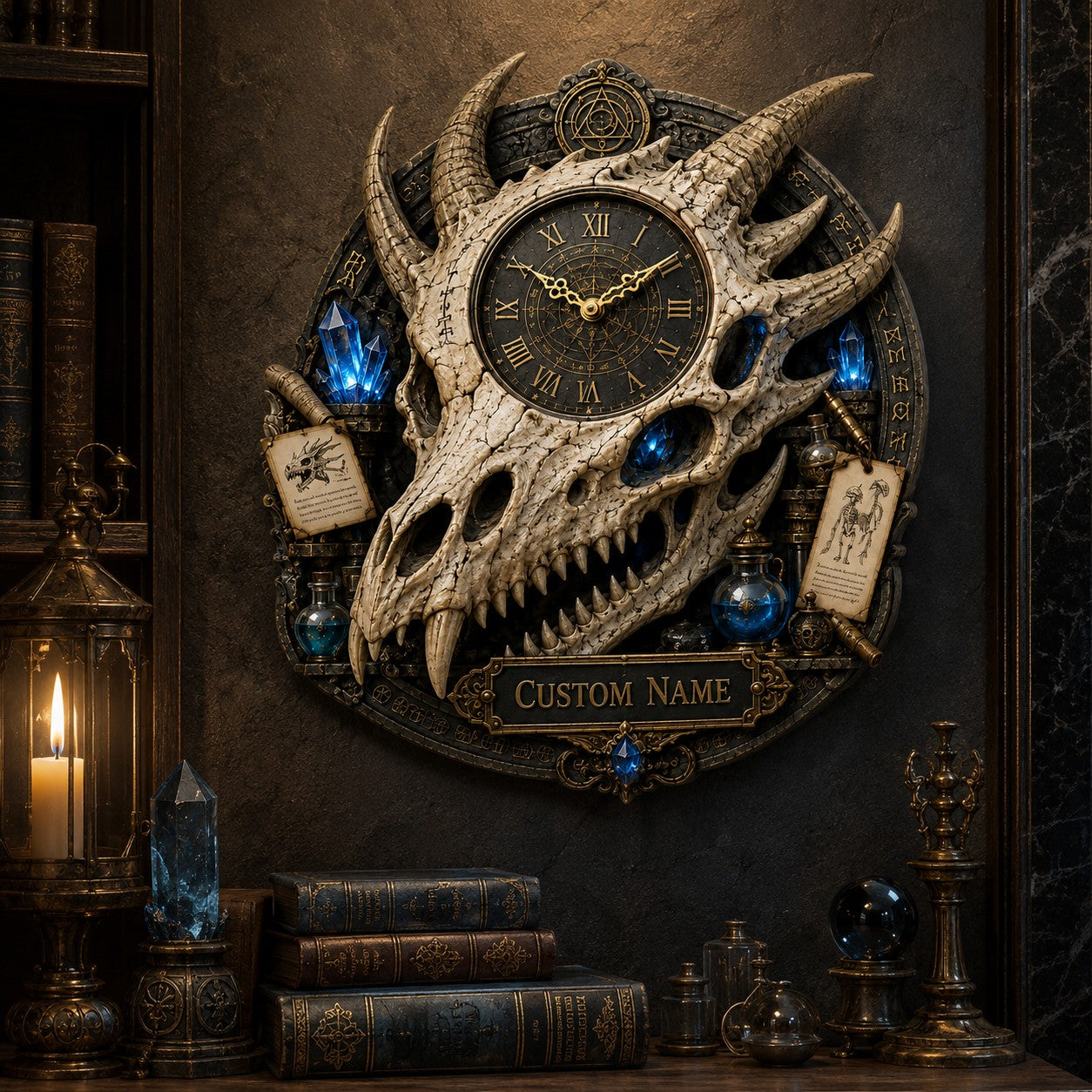 Personalized Dragon Skull Wall Clock with Custom Name — personalized with a custom name