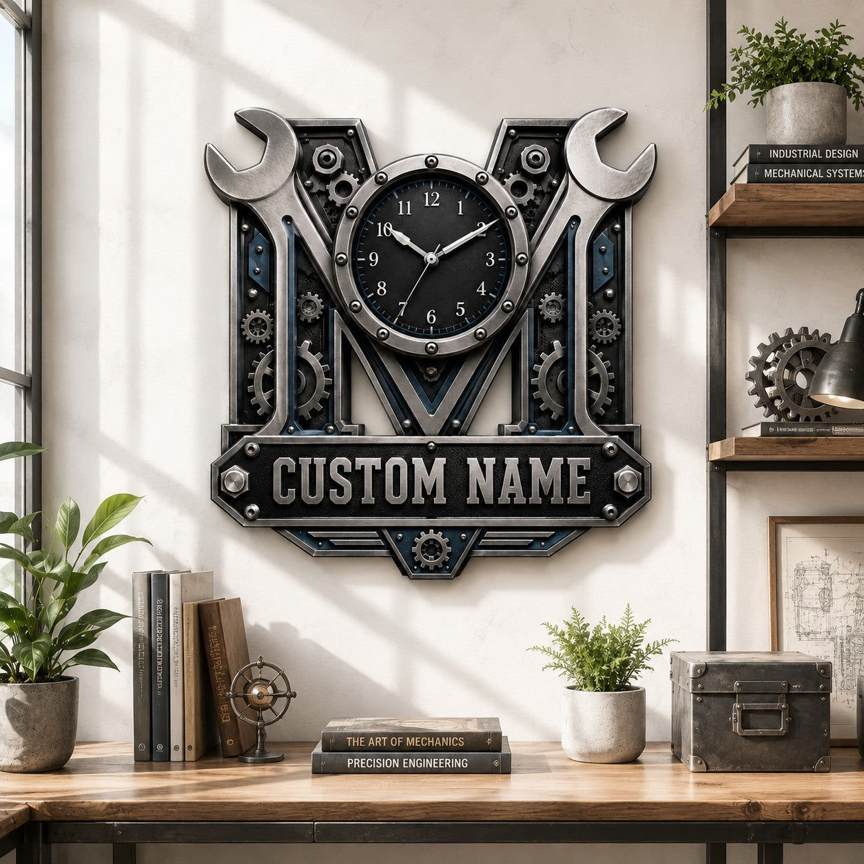 Personalized Mechanic Wrench Wall Clock with Custom Name — personalized with a custom name