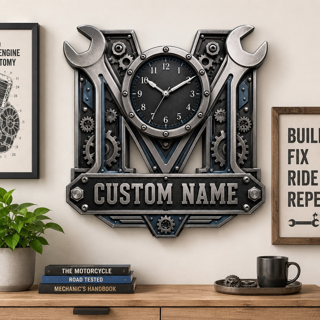 Personalized Mechanic Wrench Wall Clock with Custom Name — personalized with a custom name
