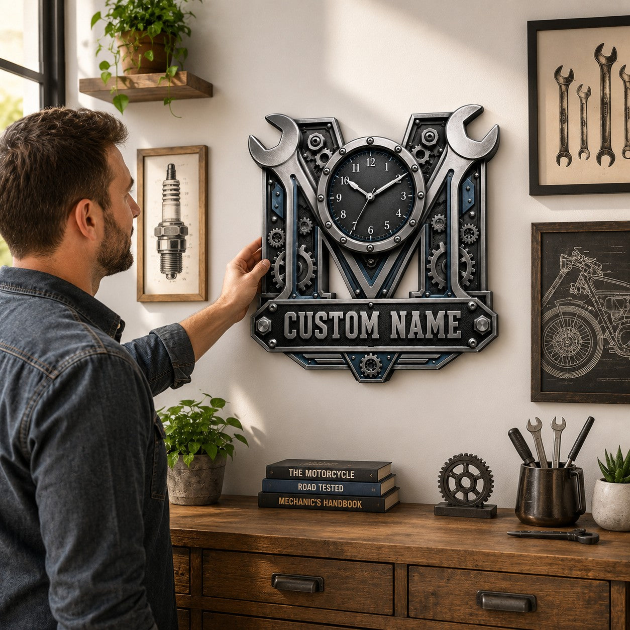 Personalized Mechanic Wrench Wall Clock with Custom Name — personalized with a custom name