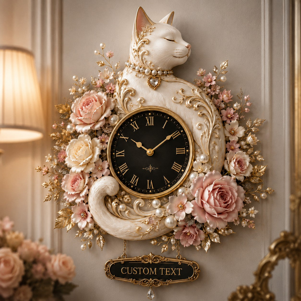 Personalized White Cat Wall Clock, Custom Name Gift for Cat Lovers — personalized with a custom name