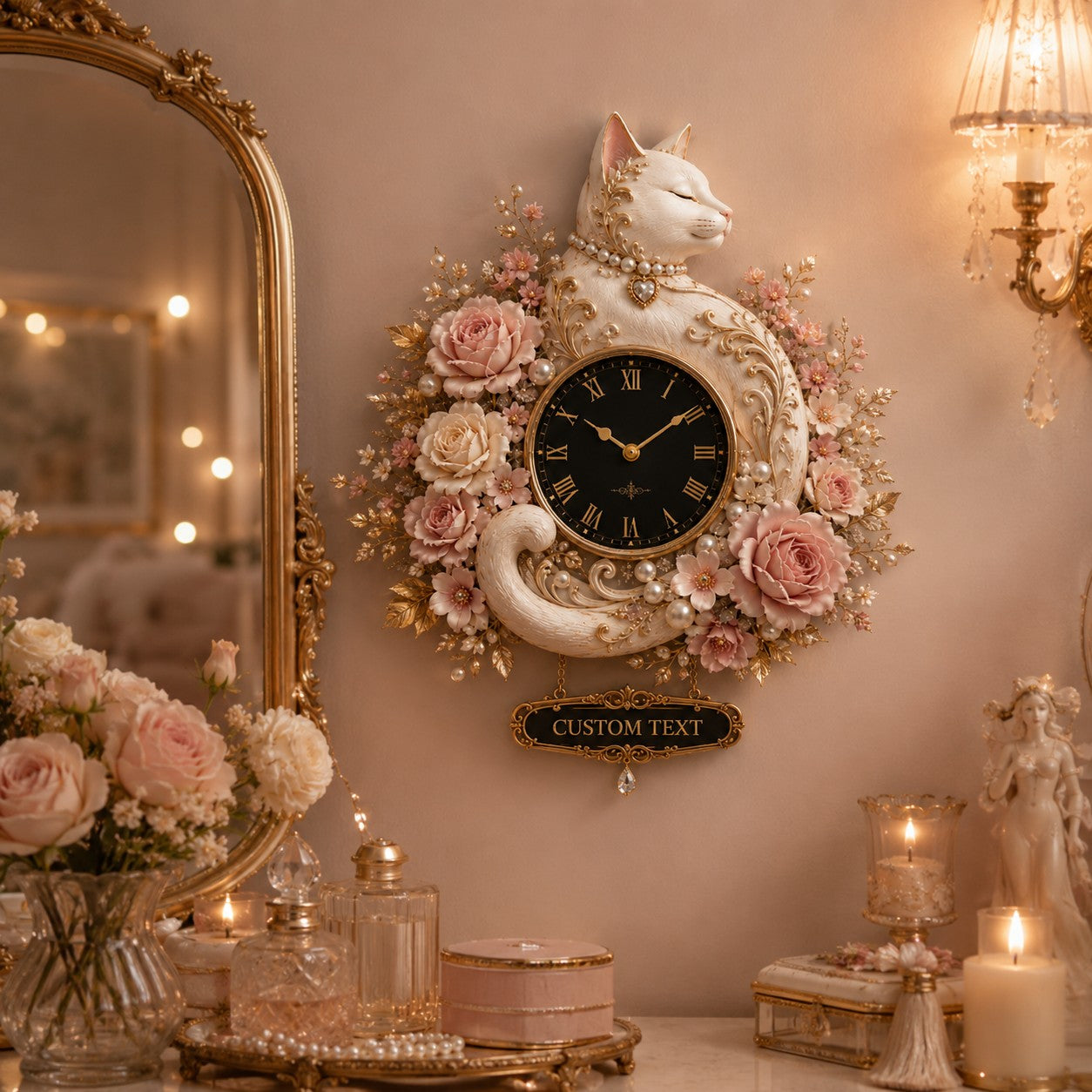 Personalized White Cat Wall Clock, Custom Name Gift for Cat Lovers — personalized with a custom name