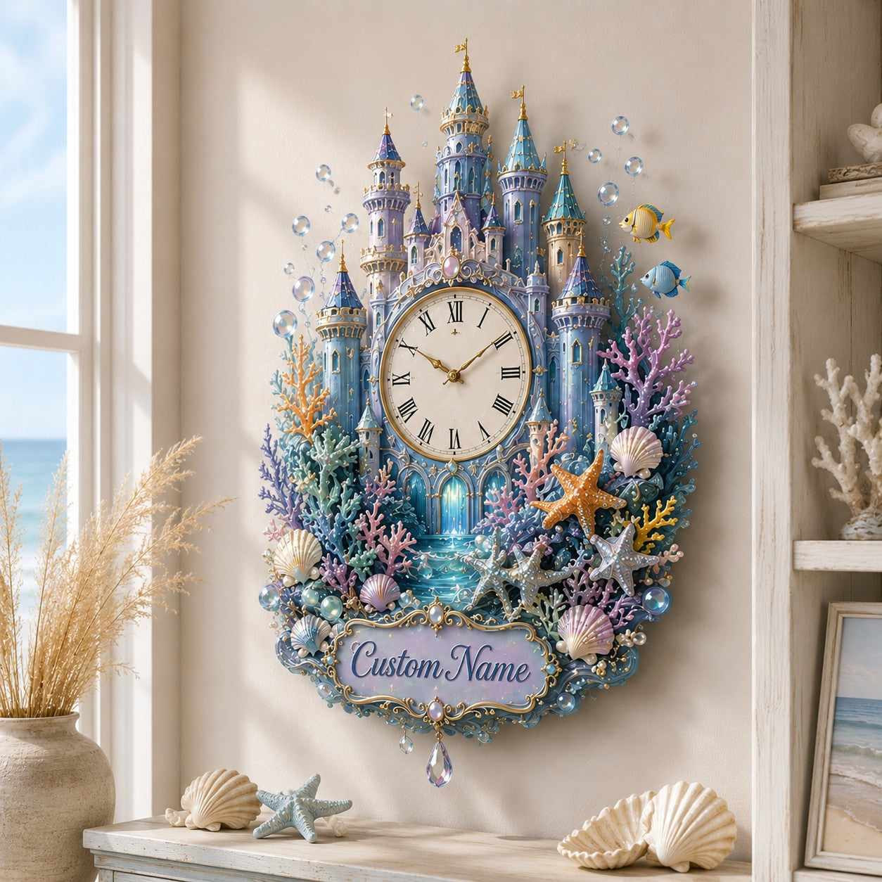 Personalized Underwater Castle Wall Clock with Custom Name — personalized with a custom name