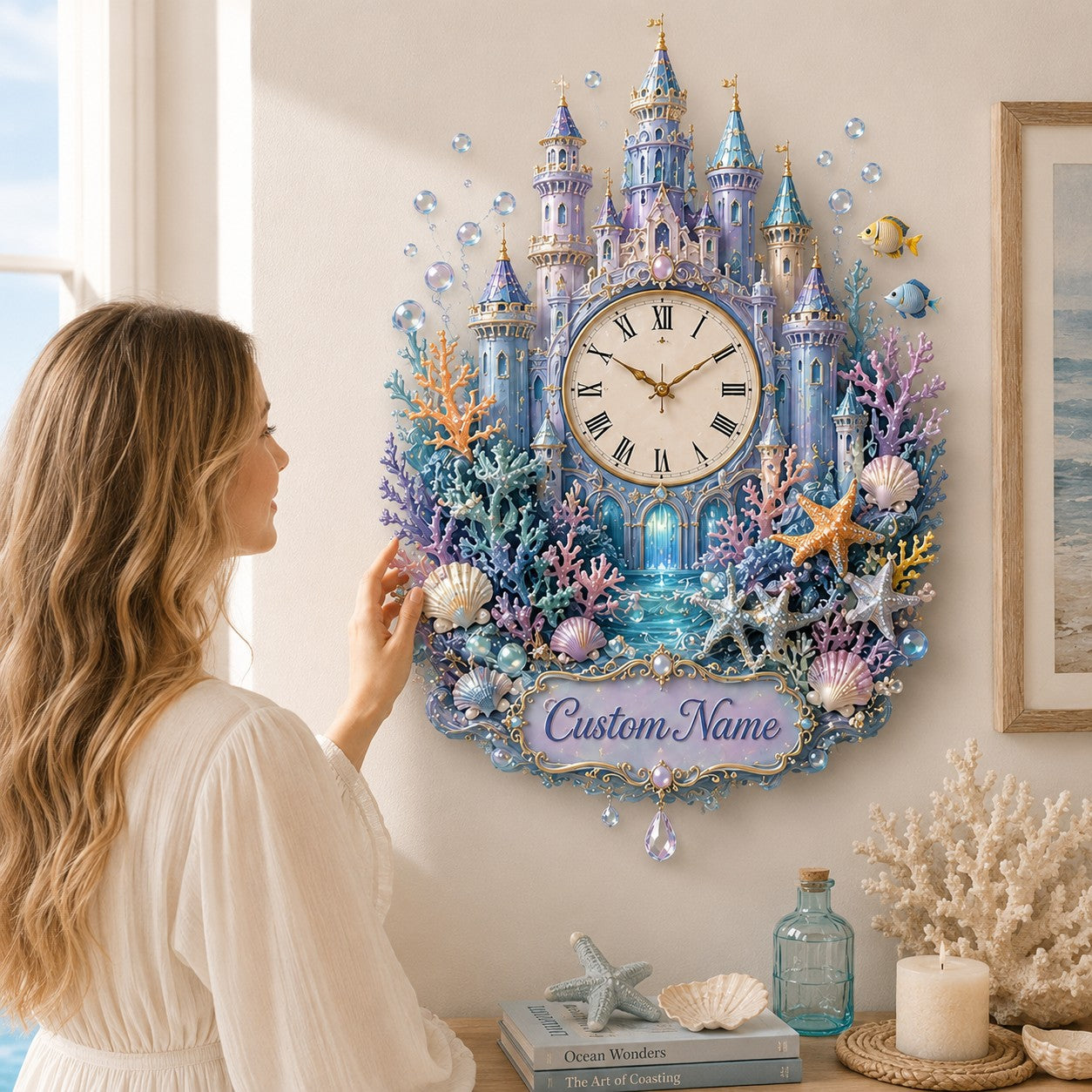 Personalized Underwater Castle Wall Clock with Custom Name — personalized with a custom name
