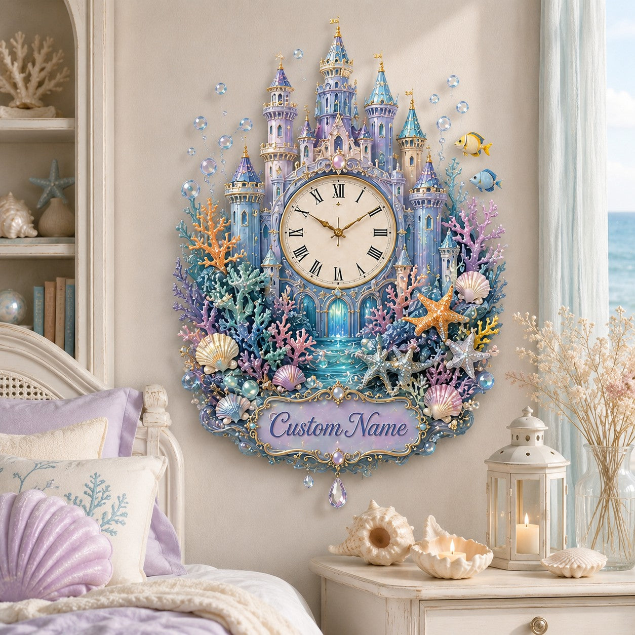 Personalized Underwater Castle Wall Clock with Custom Name — personalized with a custom name