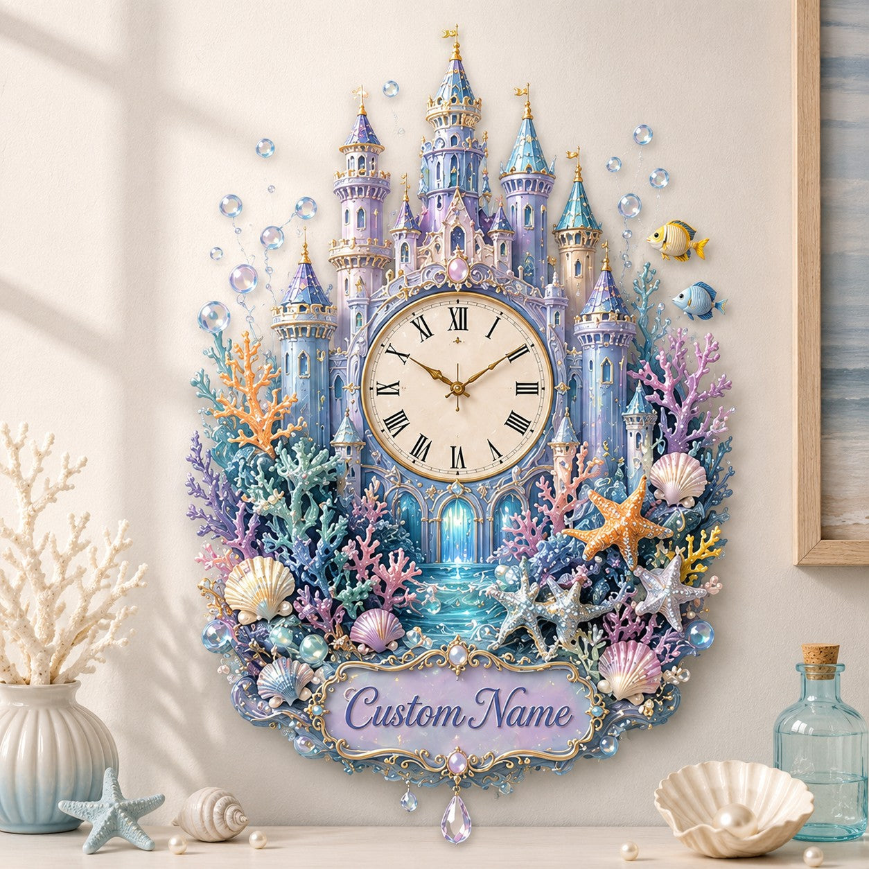Personalized Underwater Castle Wall Clock with Custom Name — personalized with a custom name