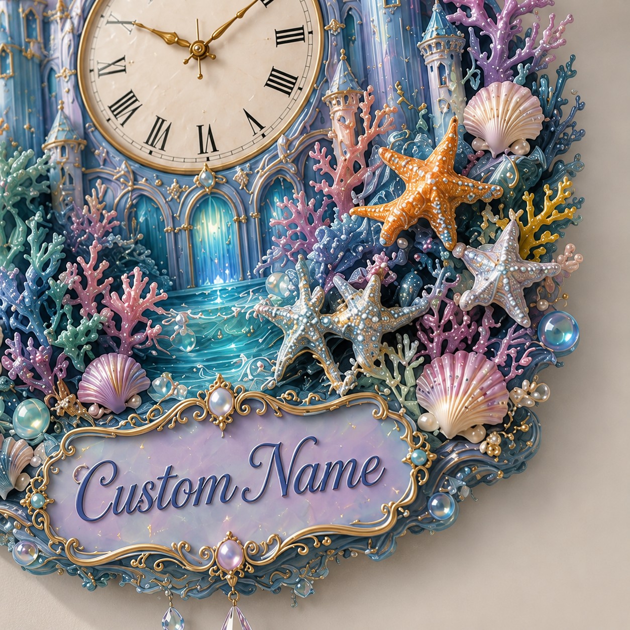 Personalized Underwater Castle Wall Clock with Custom Name — personalized with a custom name