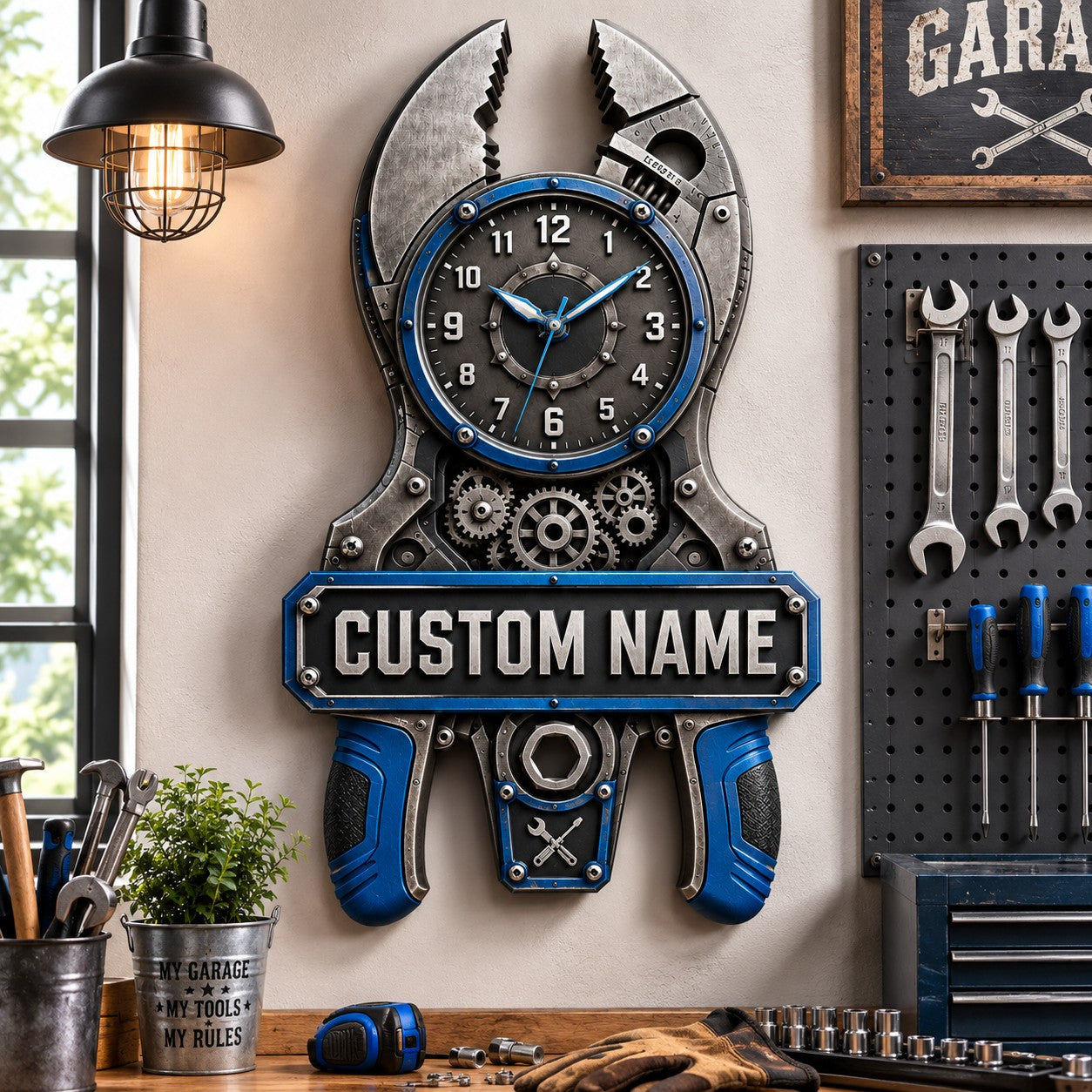 Personalized Mechanic Pliers Wall Clock with Custom Name — personalized with a custom name