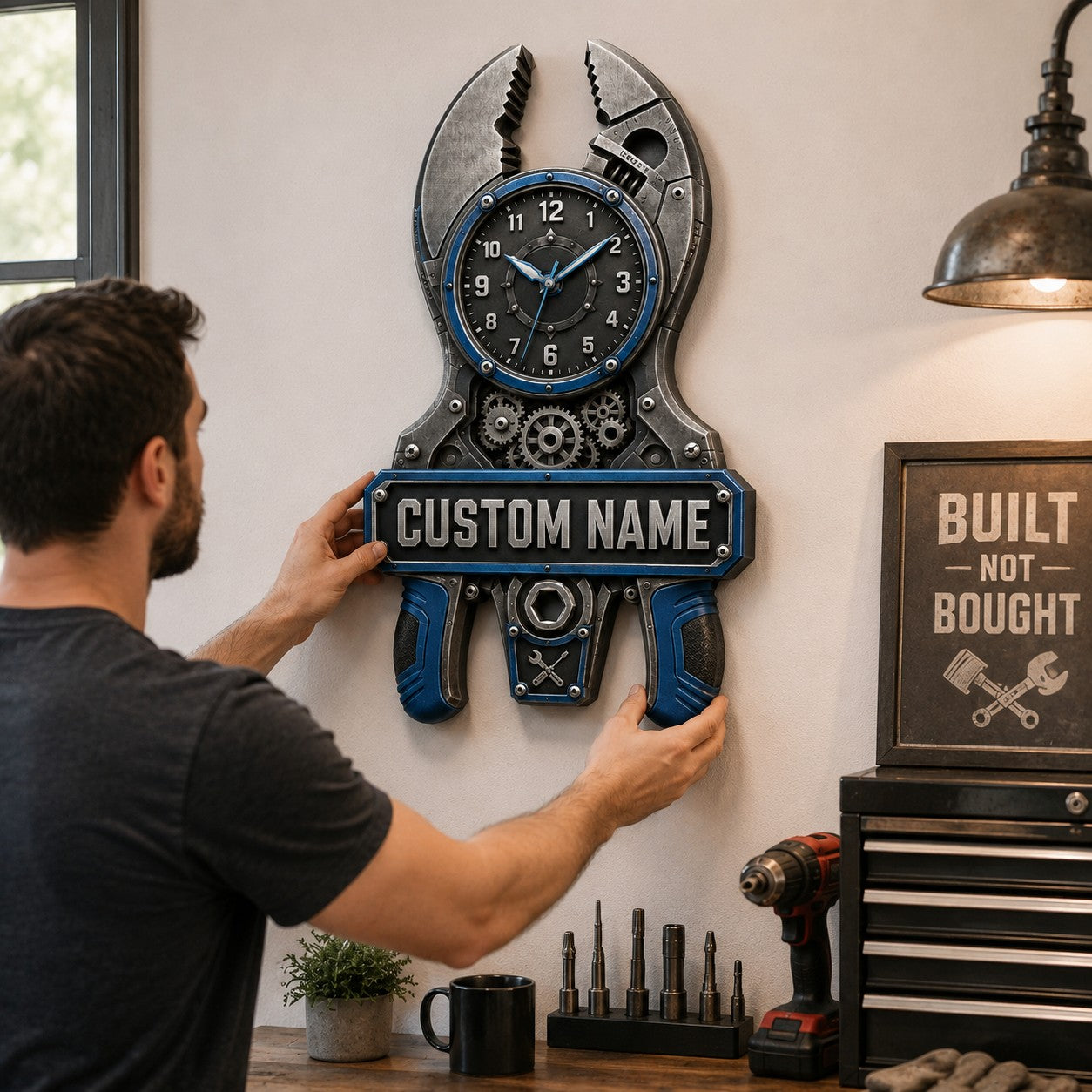 Personalized Mechanic Pliers Wall Clock with Custom Name — personalized with a custom name