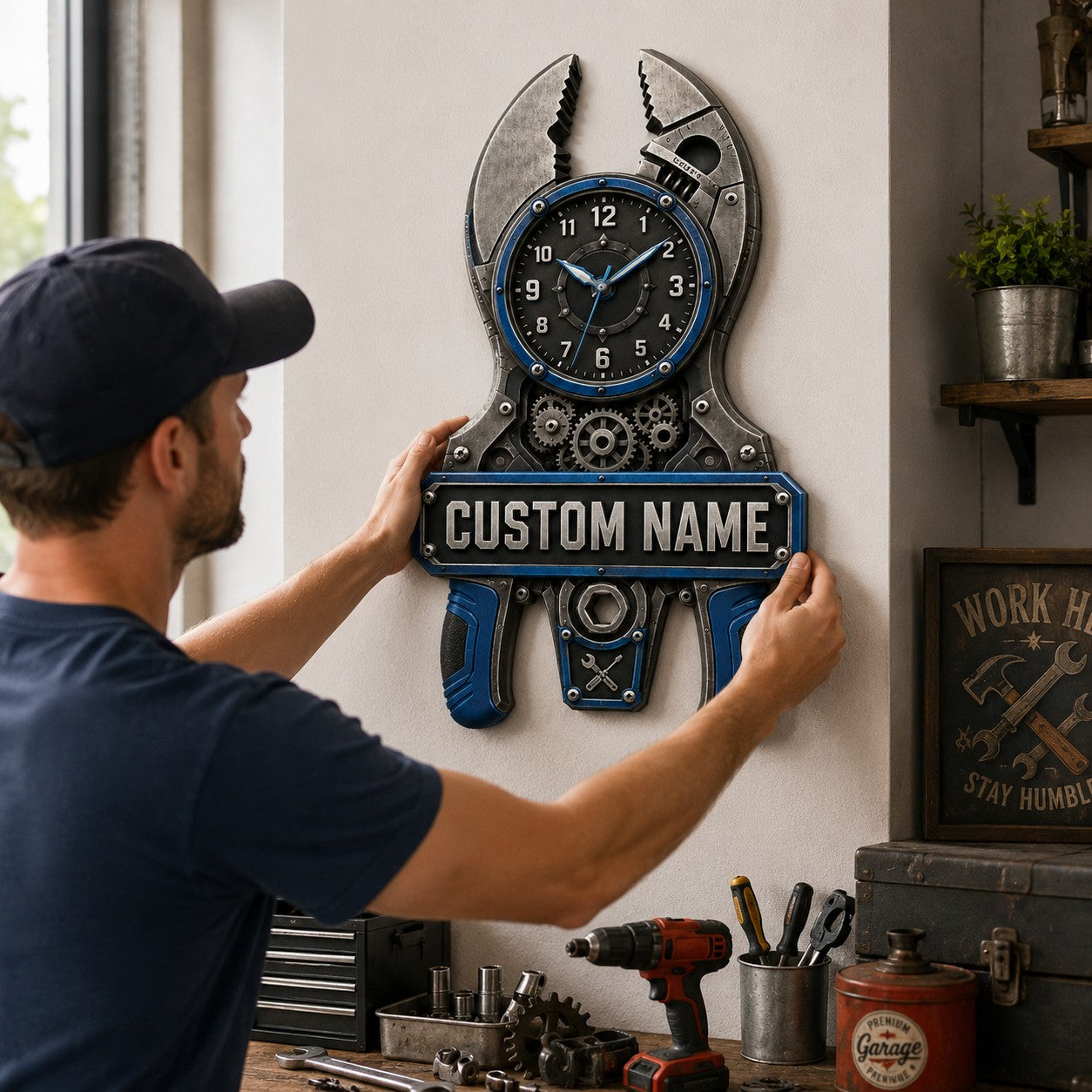 Personalized Mechanic Pliers Wall Clock with Custom Name — personalized with a custom name