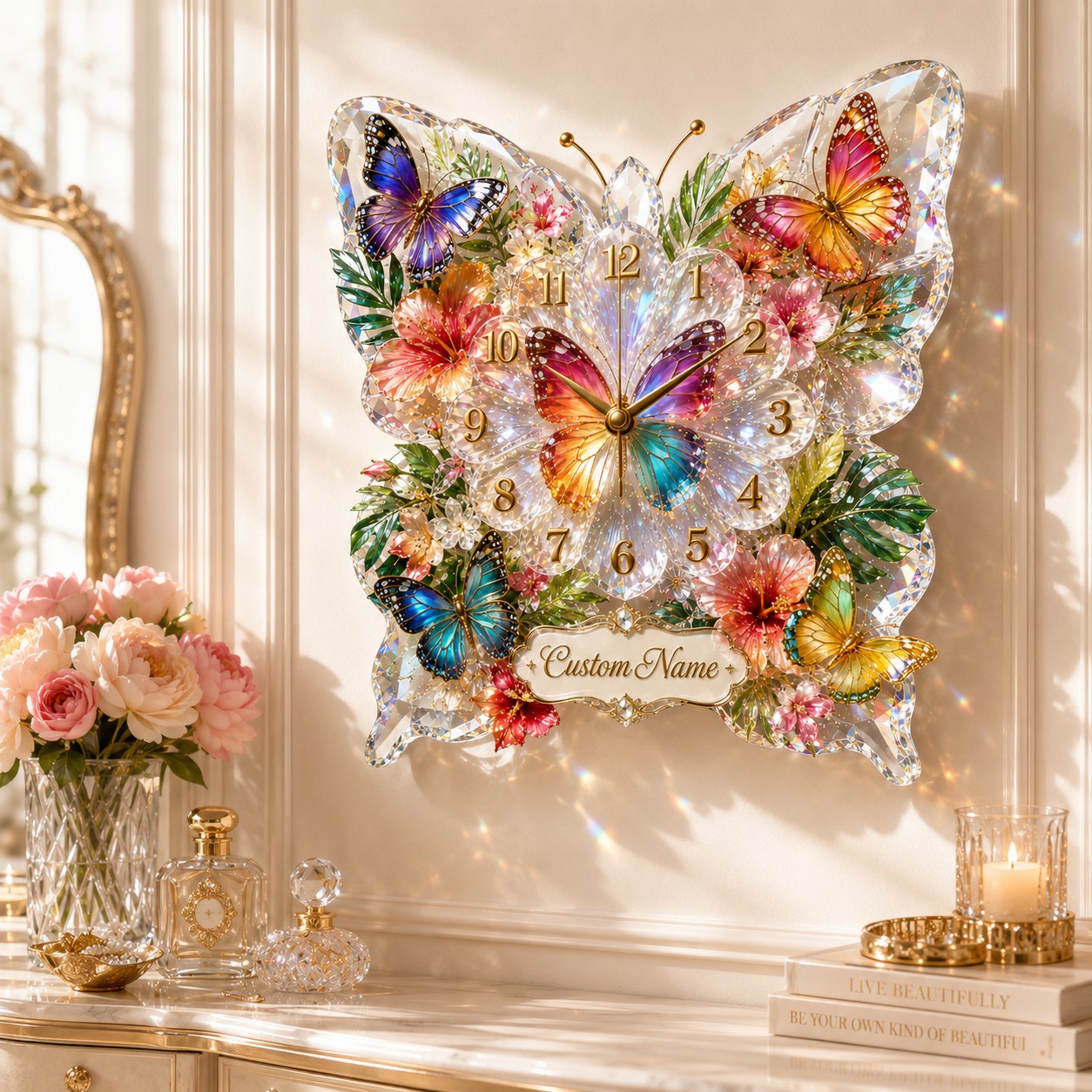 Personalized Colorful Butterfly Wall Clock with Custom Name — personalized with a custom name