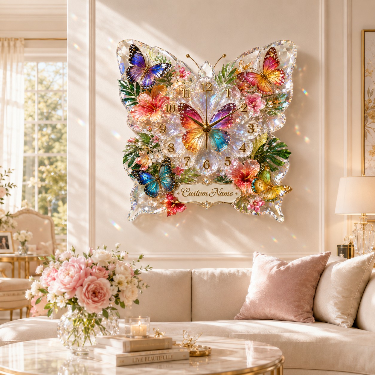 Personalized Colorful Butterfly Wall Clock with Custom Name — personalized with a custom name
