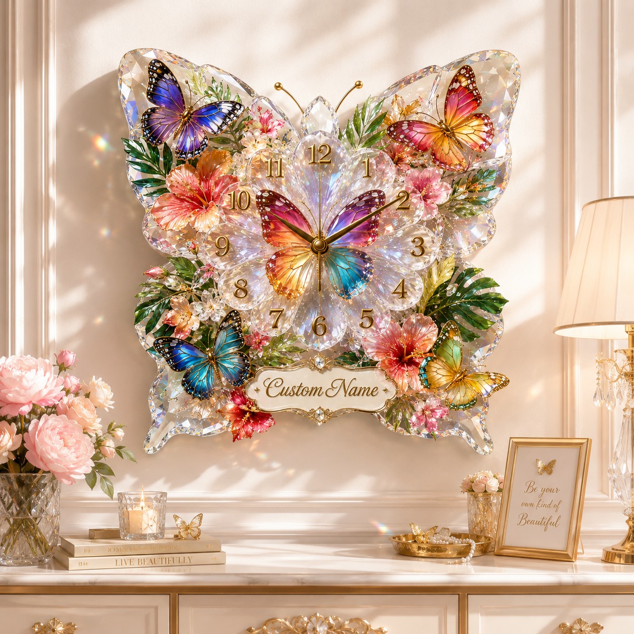 Personalized Colorful Butterfly Wall Clock with Custom Name — personalized with a custom name