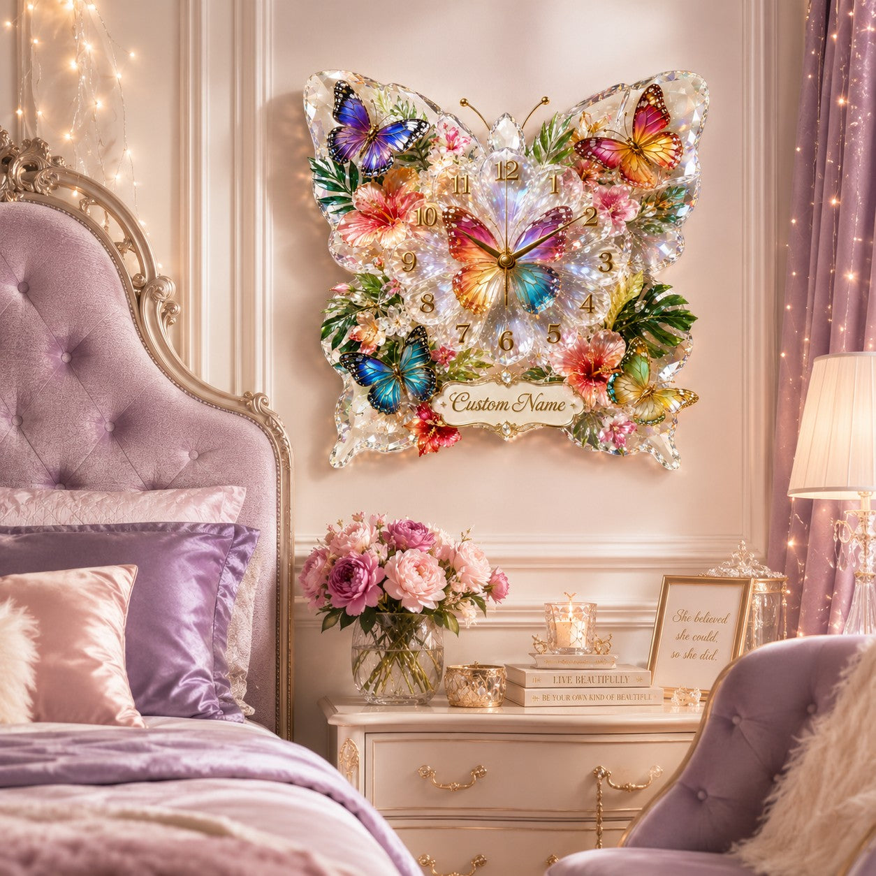 Personalized Colorful Butterfly Wall Clock with Custom Name — personalized with a custom name