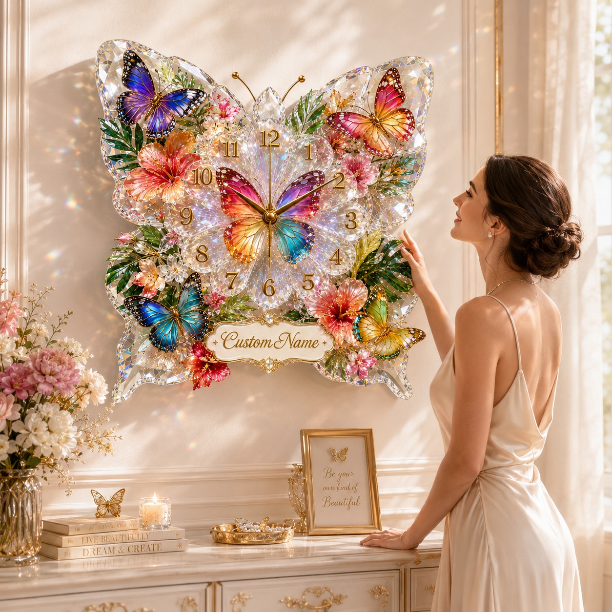 Personalized Colorful Butterfly Wall Clock with Custom Name — personalized with a custom name