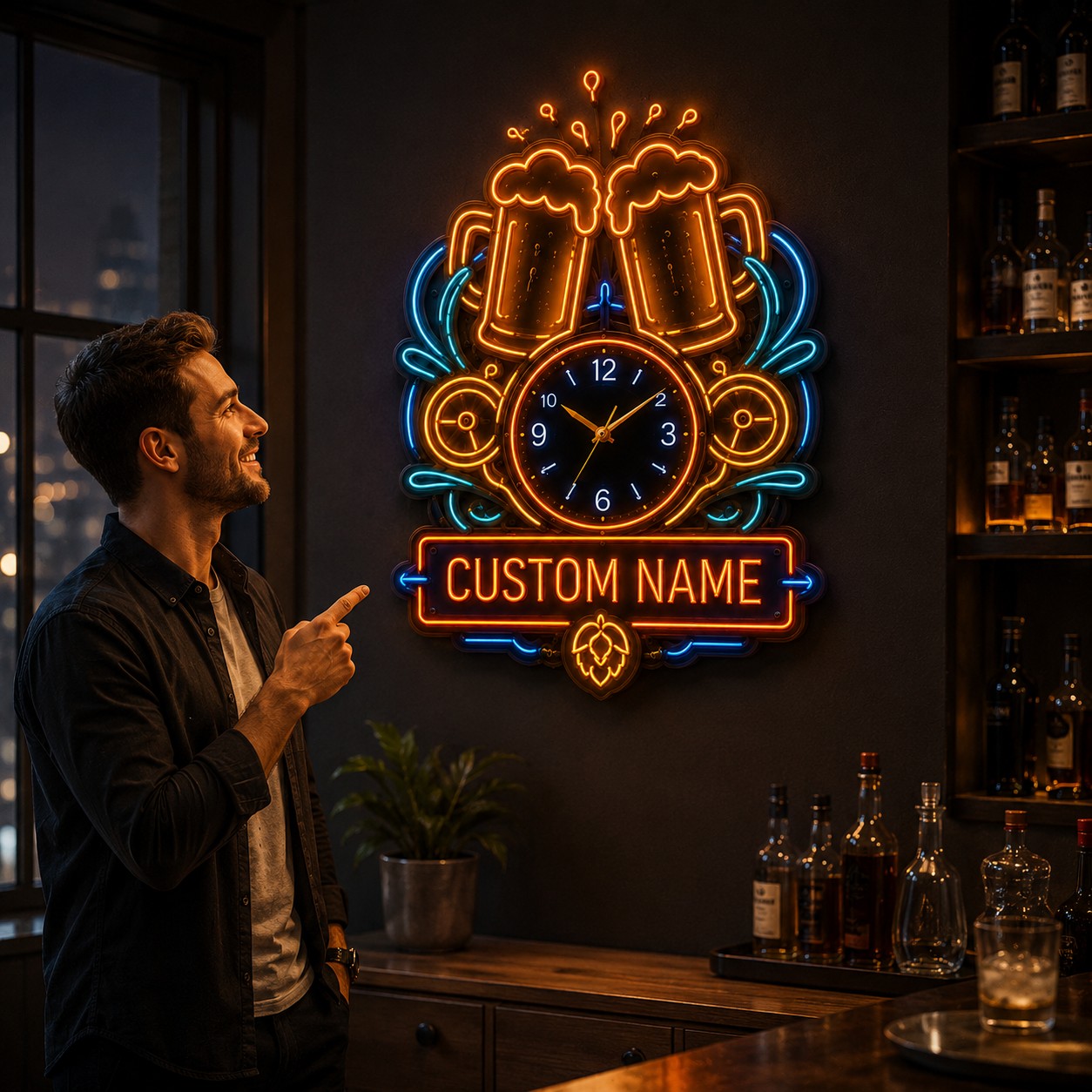Personalized Neon Nightlife Interiors Wall Clock with Custom Name — personalized with a custom name