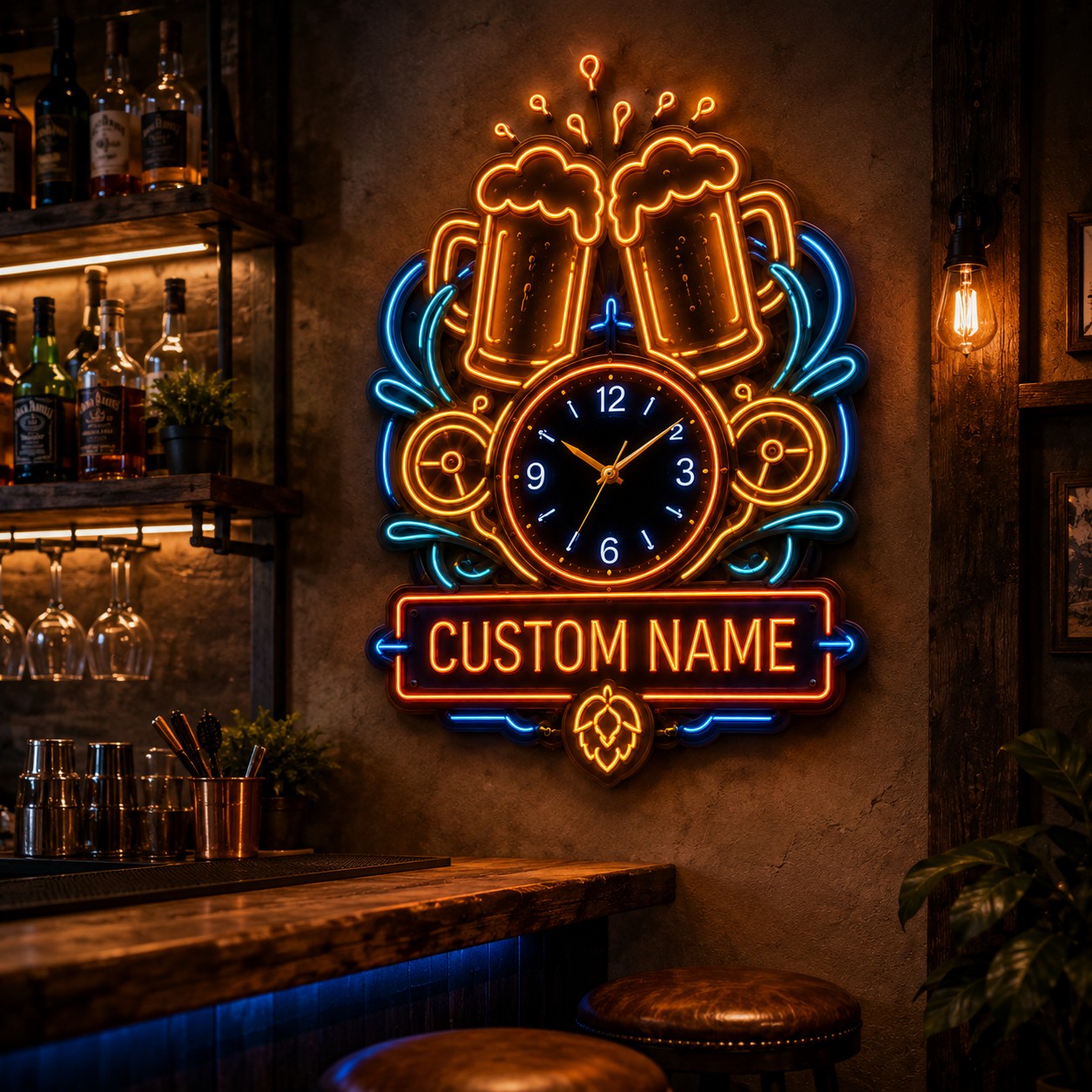 Personalized Neon Nightlife Interiors Wall Clock with Custom Name — personalized with a custom name