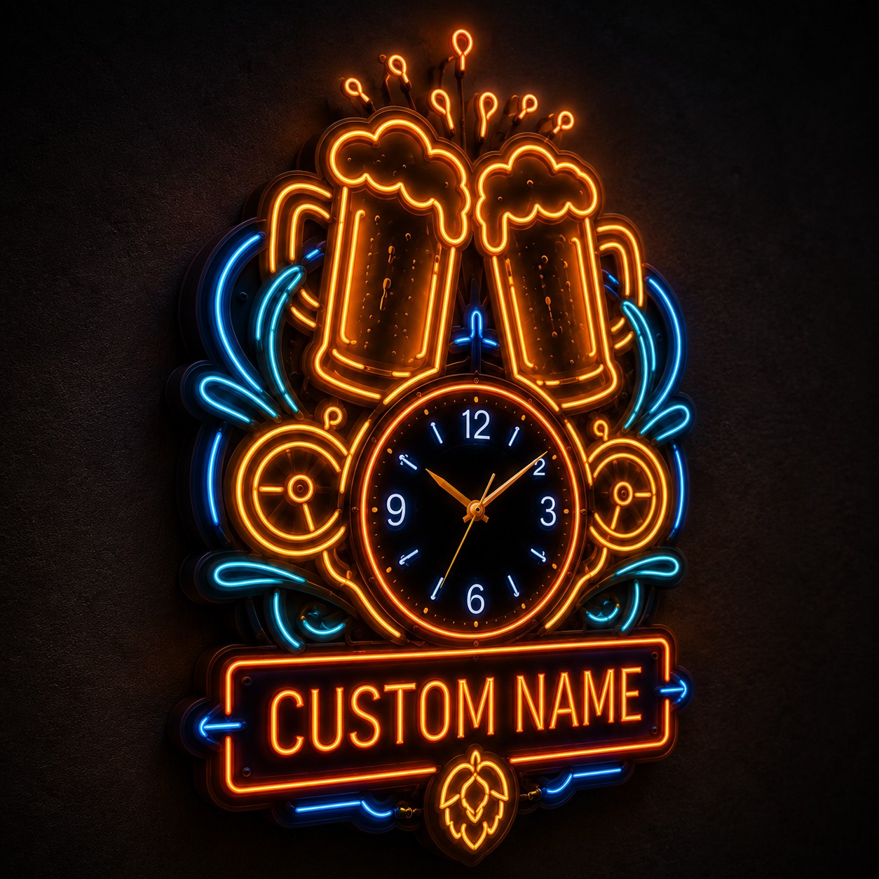 Personalized Neon Nightlife Interiors Wall Clock with Custom Name — personalized with a custom name
