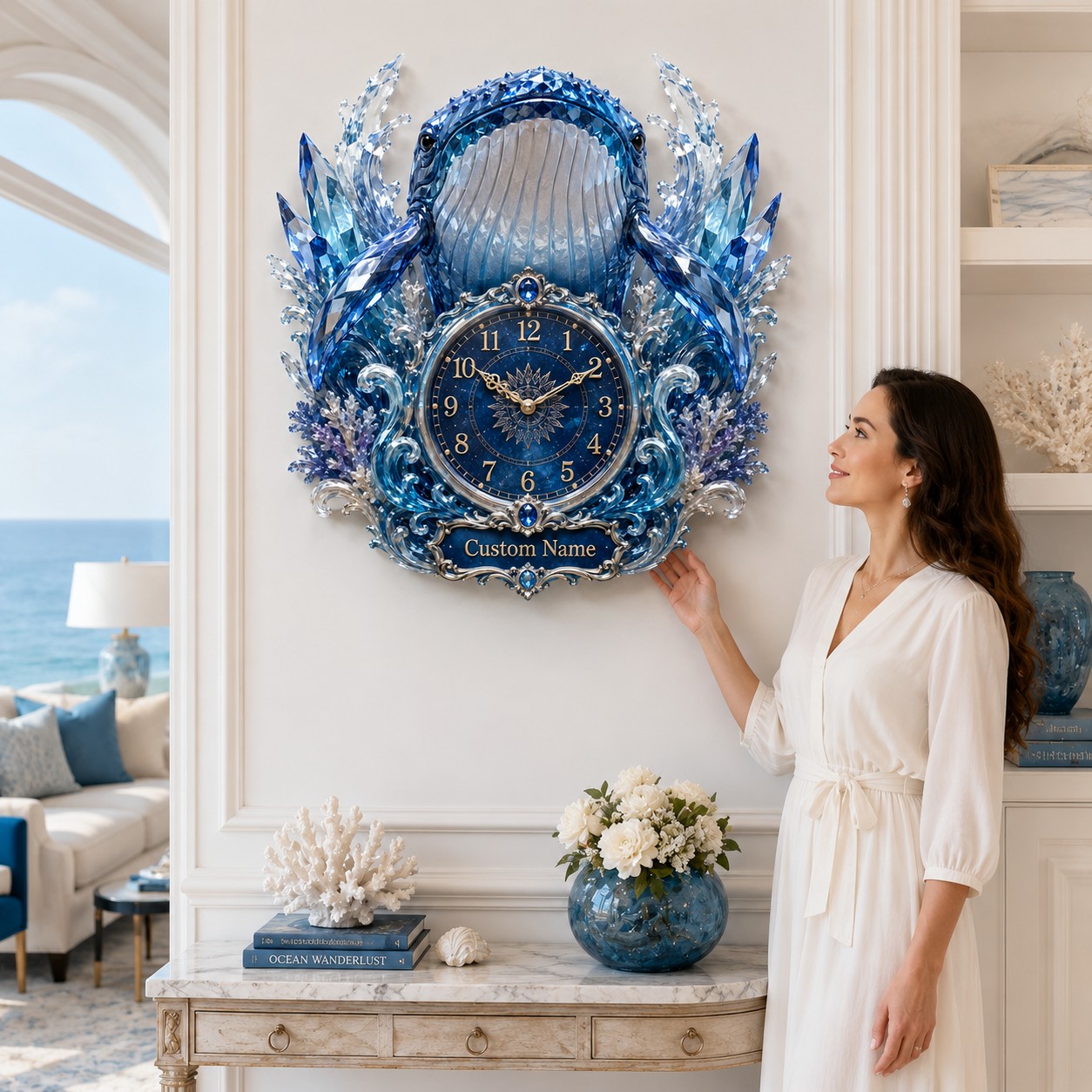 Personalized Front-facing Whale Wall Clock with Custom Name — personalized with a custom name