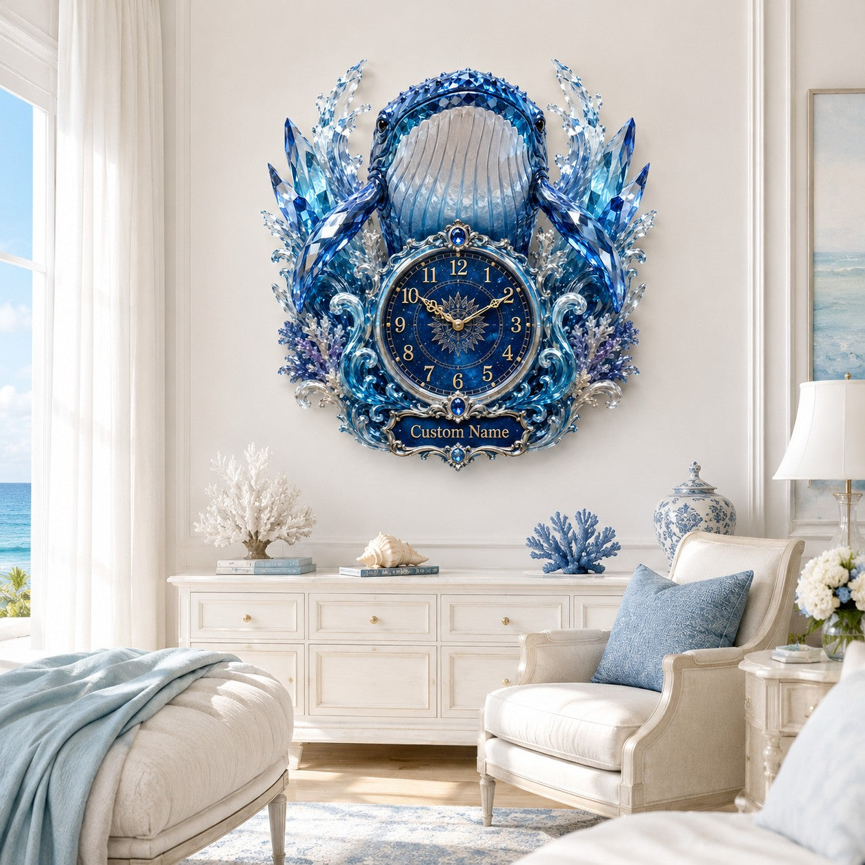 Personalized Front-facing Whale Wall Clock with Custom Name — personalized with a custom name