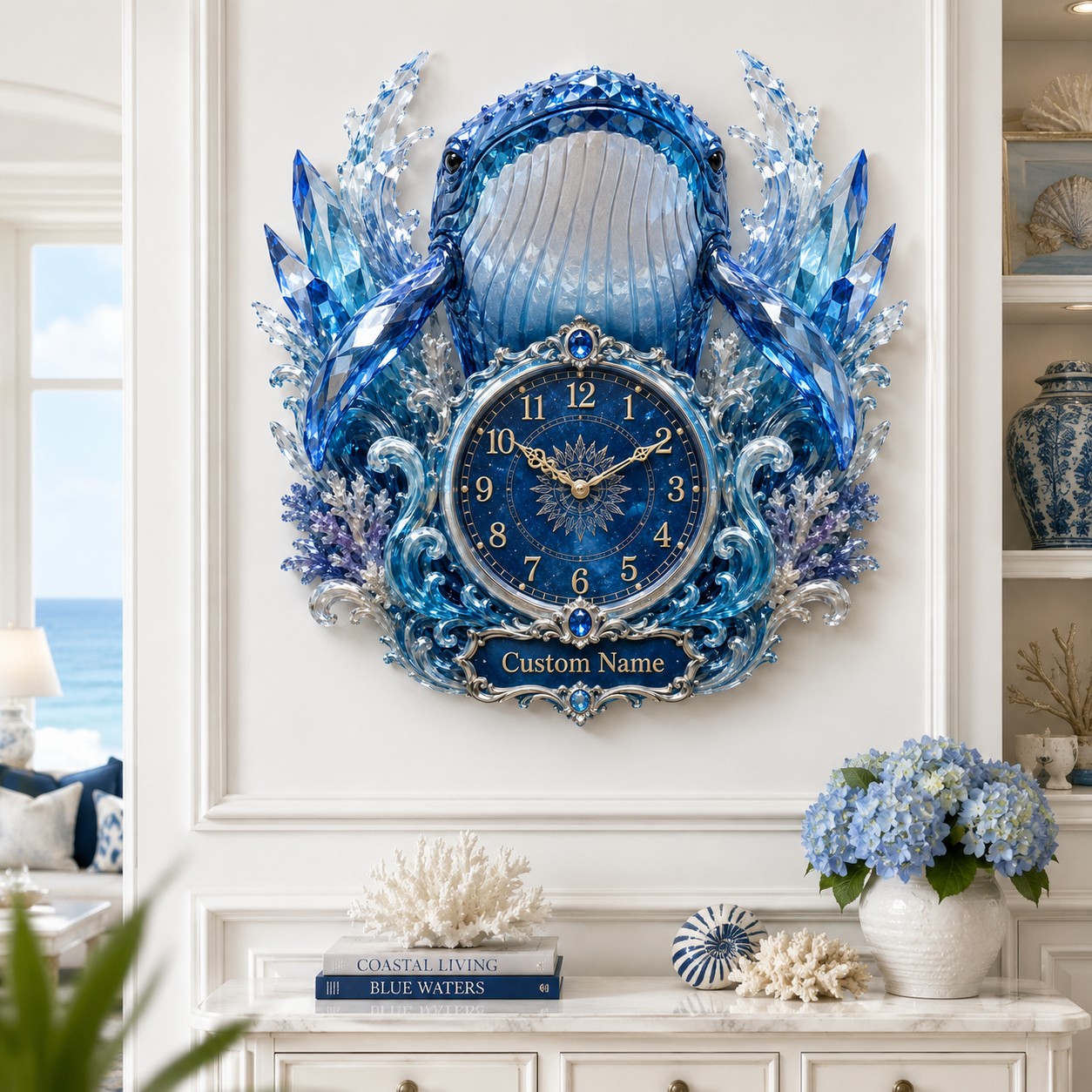 Personalized Front-facing Whale Wall Clock with Custom Name — personalized with a custom name