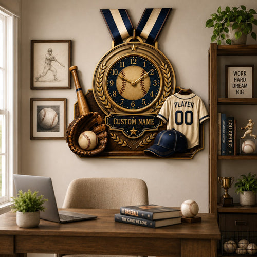Personalized Baseball Achievement Wall Clock with Custom Name — personalized with a custom name