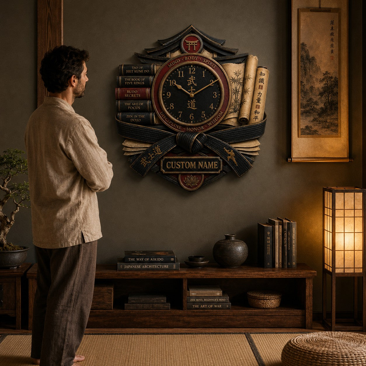 Personalized Martial Arts Book Lover Wall Clock with Custom Name — personalized with a custom name