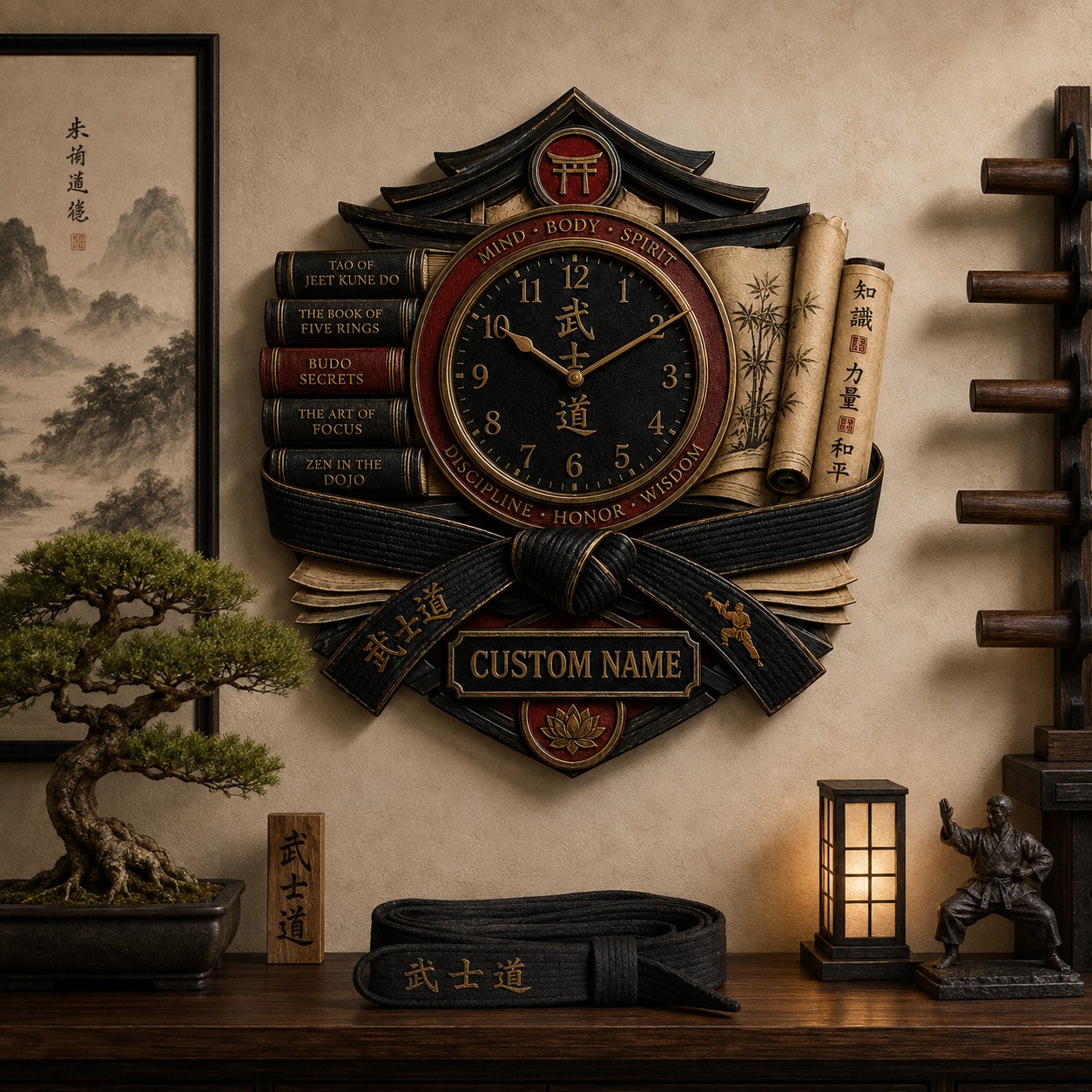 Personalized Martial Arts Book Lover Wall Clock with Custom Name — personalized with a custom name