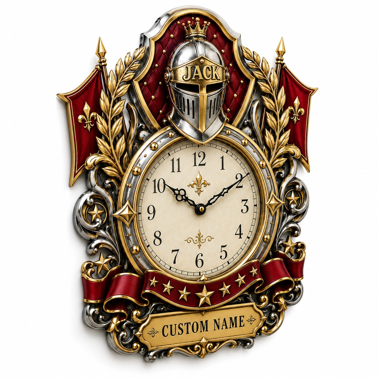 Personalized Royal and Heraldic Wall Clock with Custom Name — personalized with a custom name