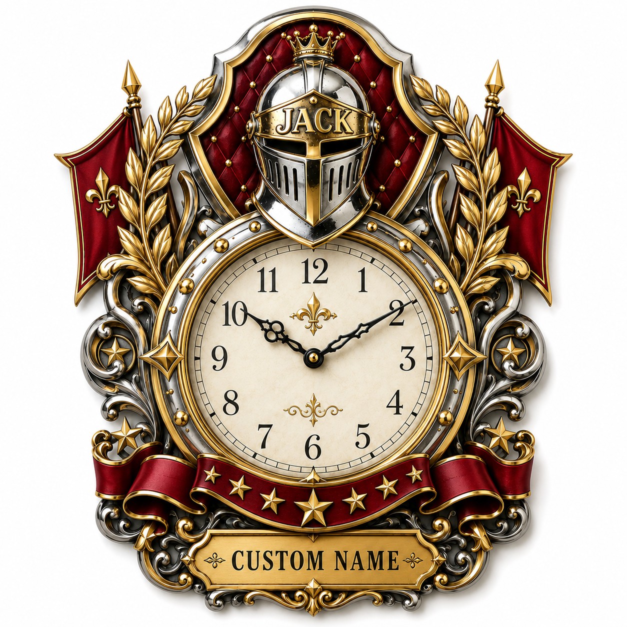 Personalized Royal and Heraldic Wall Clock with Custom Name — personalized with a custom name