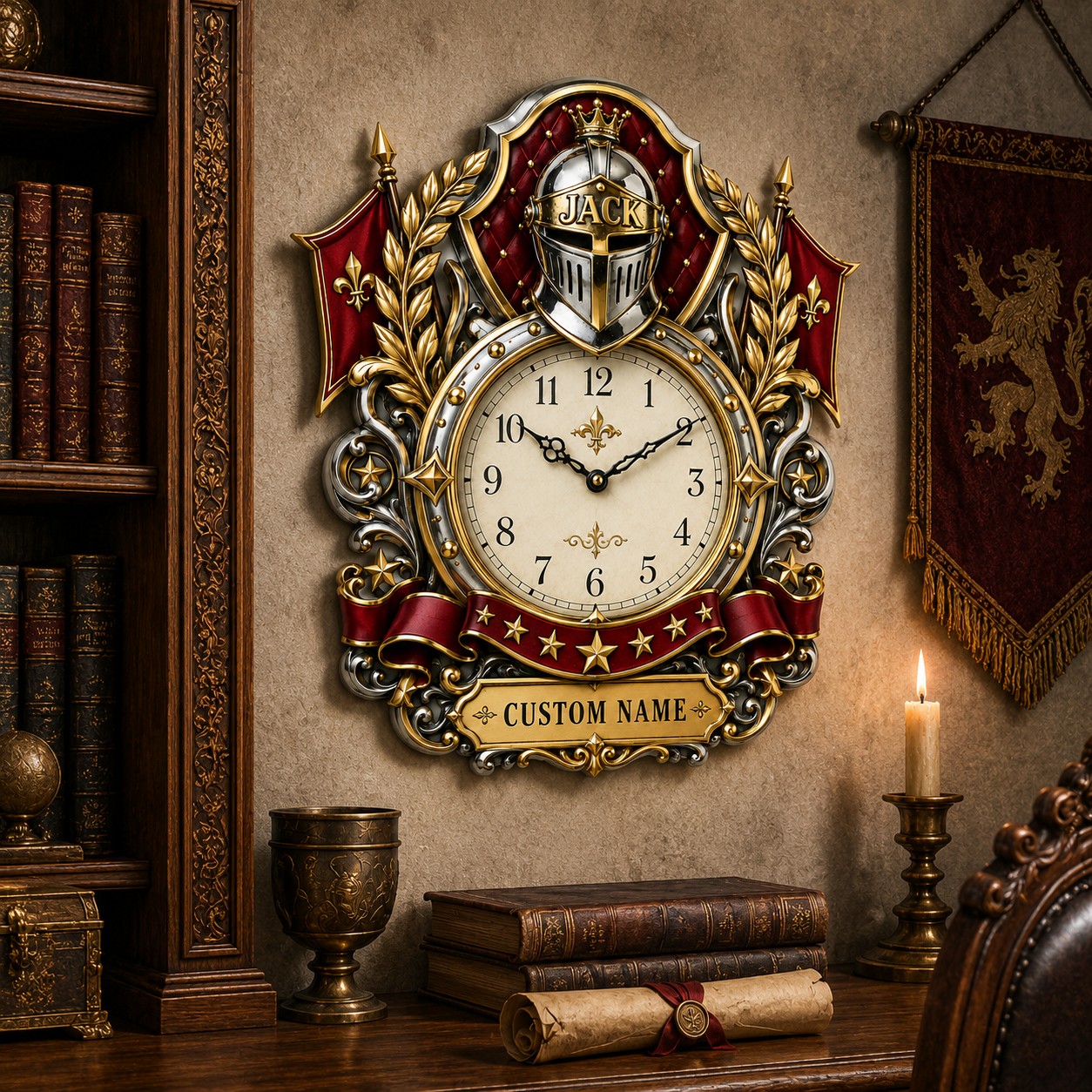 Personalized Royal and Heraldic Wall Clock with Custom Name — personalized with a custom name