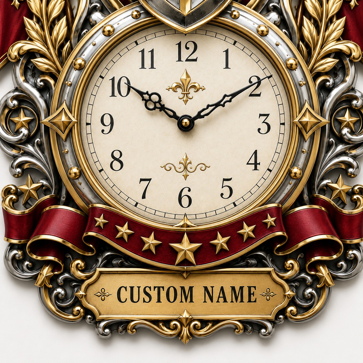 Personalized Royal and Heraldic Wall Clock with Custom Name — personalized with a custom name